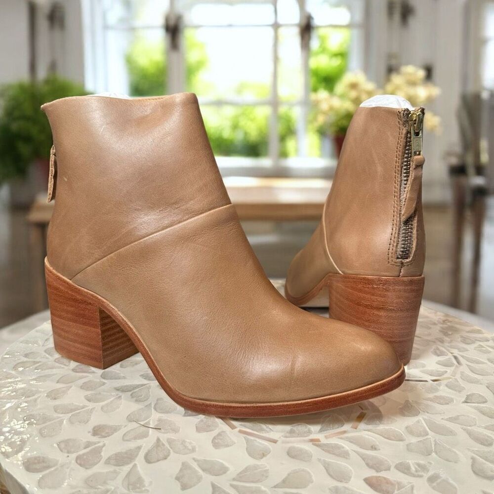 Nisolo Anthropologie Dari Boot 2.0 Almond Leather Ankle Bootie Block Heel Zip Ba